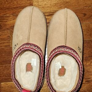 UGG Tan Suede Slippers with Red Trim